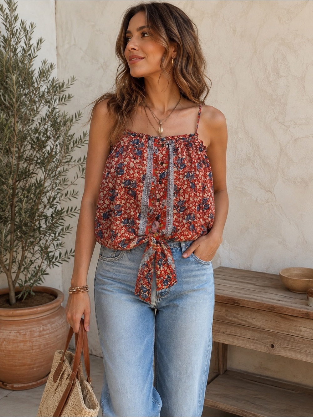 Jolt Red Floral Cold Shoulder Tie-Front Tank Top Cami